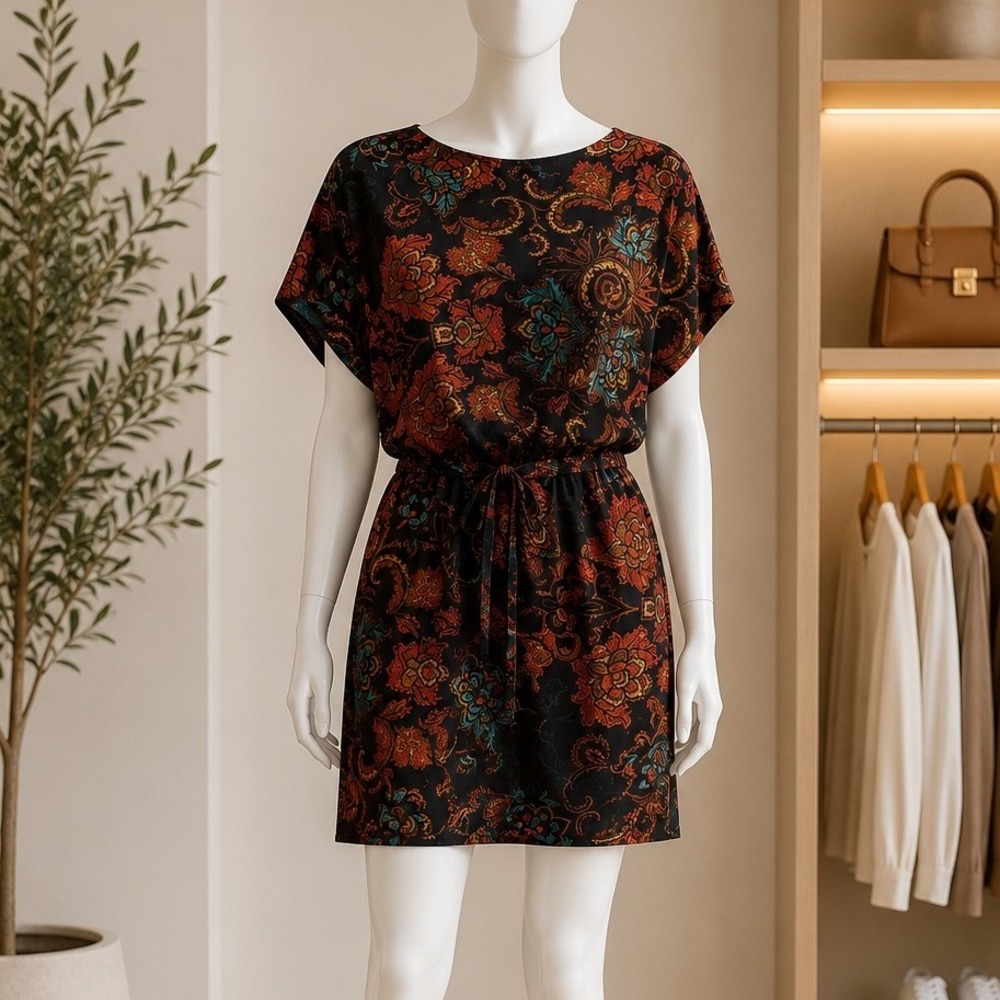 H&M Womens Mini Dress Floral Paisley Tie Waist Black Red XS